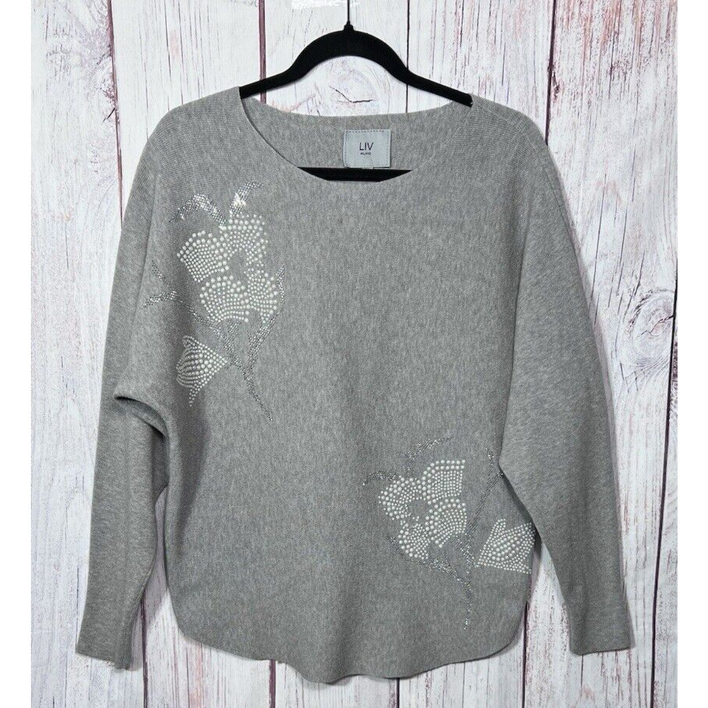 LIV Milano Women’s Knit Sweater Top Long Dolman Sleeve Beaded Gray Size M